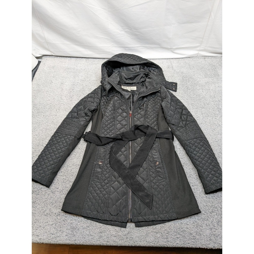 Sebby Collection Women's Black Quilted‎ Belted Hooded Coat Jacket Small Petite